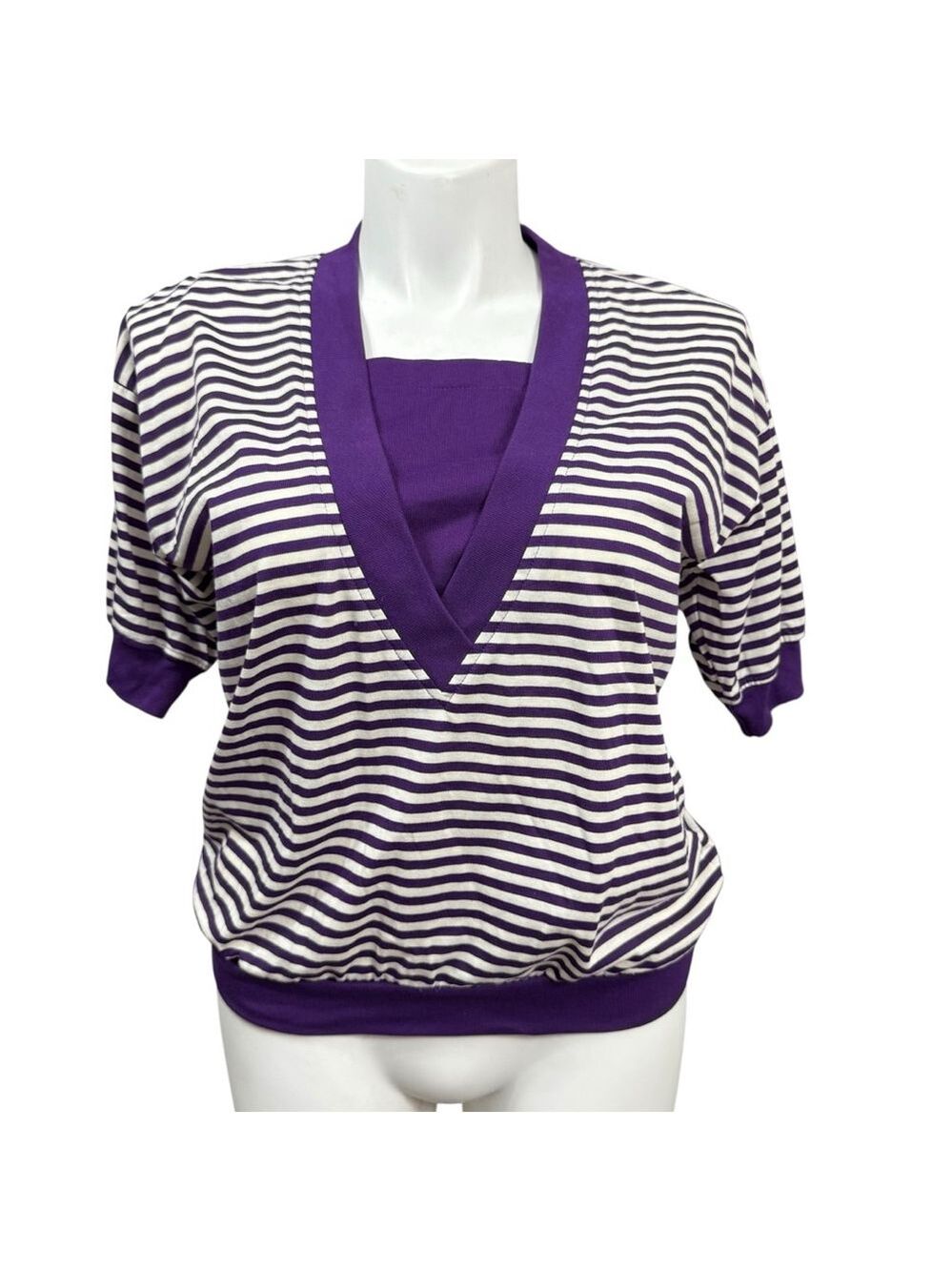 Vintage Essex Junction Striped Purple White V Neck Short Sleeve Top Size L NWT